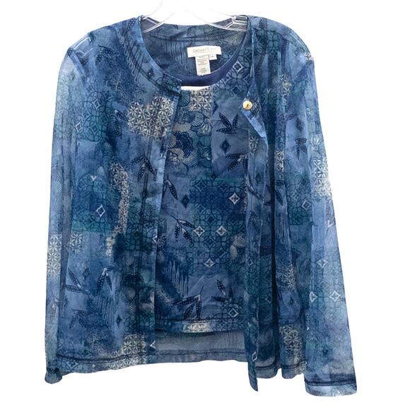 Coldwater Creek Twin Set Tank Top Jacket Sheer Blue Print S - Picture 1 of 4